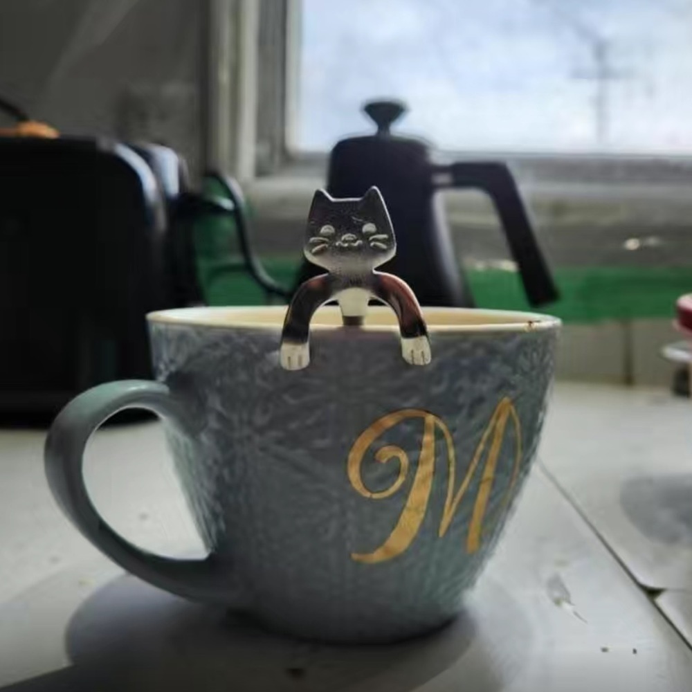 Cat Spoons Tea Spoons Stirrers Cup Hugging Kitty Cats Stainless Black 2 PC Set - Picture 8 of 16